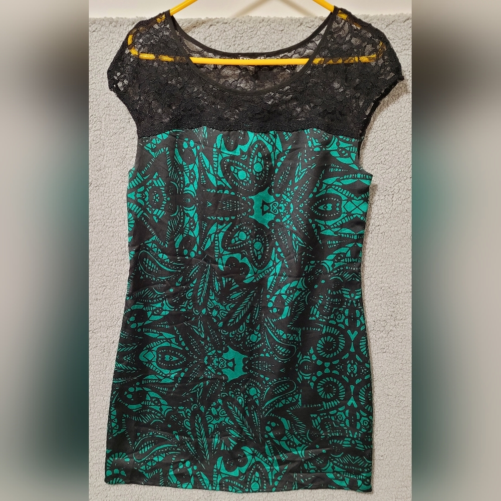 Express Black & Green Shirt Dress with Lace Small